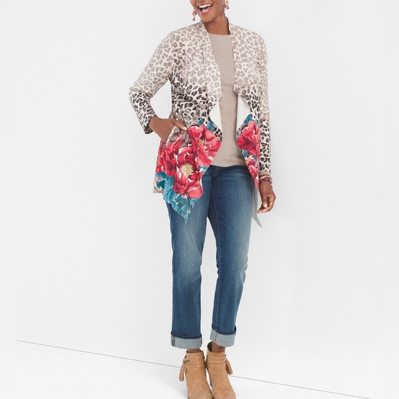 Chicos Women’s Size XL Leopard Floral Printed Sueded Drape Jacket - Picture 2 of 10